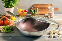Edenberg 30CM WOK PAN WITH LID WINE HONEY COMB COATING - NON-STCK SCRATCH FREE Three layers, STAINLESS STEEL+ALUMINIUM+STAINLESS STEEL