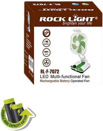 مروحة روك لايت LED متعددة الوظائف مقاس 8 بوصات RL-F-7072، مروحة محمولة تعمل بالبطارية قابلة لإعادة الشحن، بطارية ليثيوم 2400 مللي أمبير في الساعة، شحن USB صغير