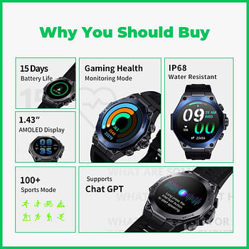 Black Shark S1 Pro Smartwatch, 15 Days Battery Life, 1.43” AMOLED Display, Gaming Health Monitoring Mode, 100+ Sports Mode, IP68 - Black