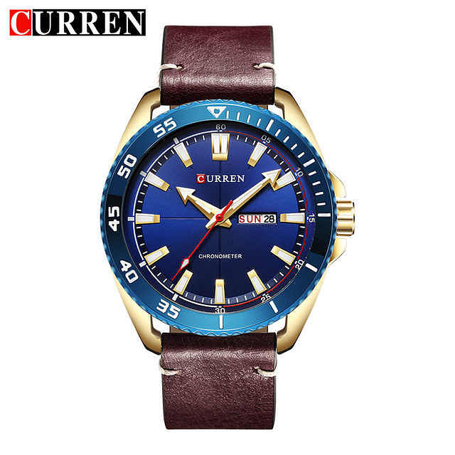 Curren 8272 Original Brand Leather Straps Wrist Watch For Men - Brown and Blue Gold