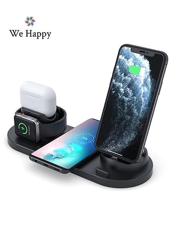 We Happy 6 in 1 Wireless Charging Station, Multi-Function Portable Fast Charger Stand for Smartphone, Apple Watch and AirPods - Black