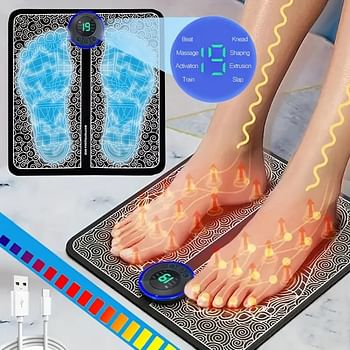 EMS Feet Massage, Foot Massager for Blood Circulation Muscle Pain Relief, USB Rechargeable Folding Portable Electric Massage Mat with 8 Intensity Levels, (Black)