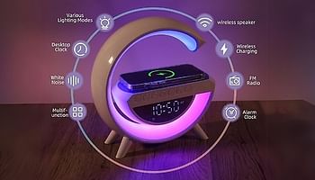 Wireless Speaker Charger Light, Wireless Charger Alarm Clock, G-Shape Mp3 Player Night Light with Multi-Color Changing Atmosphere Lamp and Alarm Clock for Bedroom