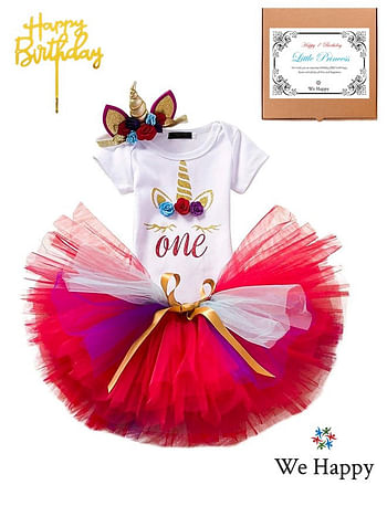 We Happy 4 Pieces 1st Birthday Baby Girl Costume Set, Newborn Princess ONE Printed Dress for Theme Party Photoshoot, Unicorn Bodysuit with Tutu Skirt, Cake Topper and Floral Headband - Red, 1 Year