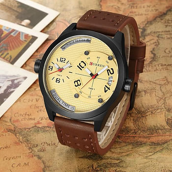 Curren 8252 Original Brand Leather Straps Wrist Watch For Men / Dark Brown