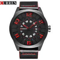 ساعة كورين 8241 كاجوال عصرية بسوار جلدي مقاومة للماء مع ساعة كوارتز للرجال أسود/أحمر