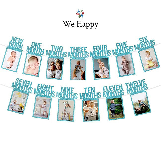 New Born to Twelve Months Birthday Photo Frame Banner for Parties | Memorable Gift Idea Amazing Photoshoot Decoration - Blue