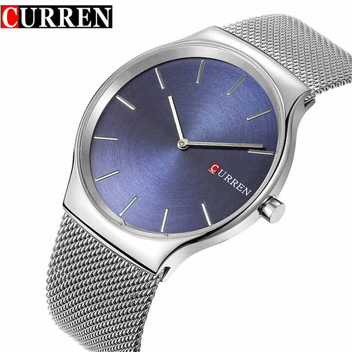 CURREN 8256 Original Brand Stainless Steel Band Wrist Watch For Men silver -blue