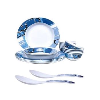 13-Piece Non-Stick Aluminum Cookware Black With 22-Piece Melamine Ware Dinner Set Rmds-9722 Blue/ White