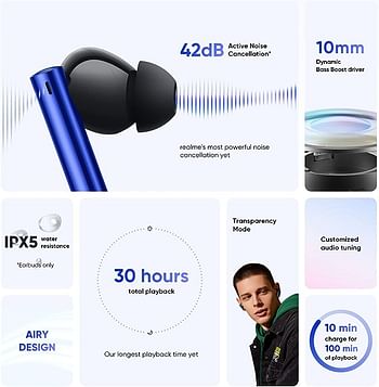 realme Buds Air 3 Wireless Earbuds, Active Noise Cancellation,Up to 30 Hours Playtime, IPX5 Water Resistance - Nitro Blue…