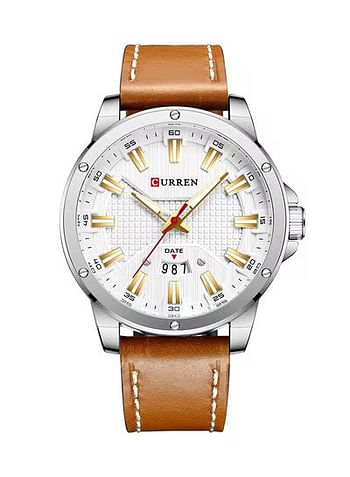 CURREN Men's Waterproof Geniune Leather BAnd With CalAnder Quartz Watch 8376 - 46 mm - Silver