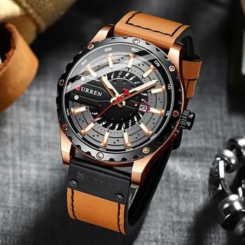 CURREN 8374 Brown PU Leather Analog Watch For Men - RoseGold & Brown