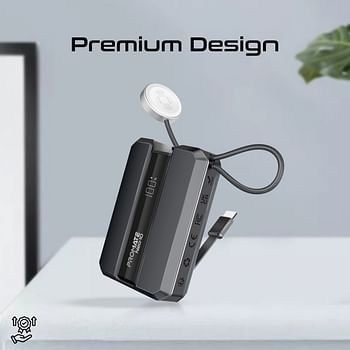 Promate Universal 10000mAh Ultra-Compact Portable Power Pack with Built-In 30W USB-C Cable, USB-C Power Delivery Port, Apple Watch Charger, LED Display and Charge Protection, Neo-10 Grey