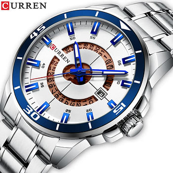 CURREN 8359 Original Brand Stainless Steel Band Wrist Watch For Men silver and Blue