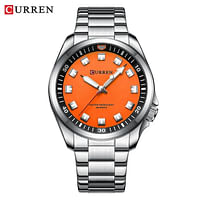 Curren 8451 Original Brand Stainless Steel Band Wrist Watch For Men - Silver and Orange Dial