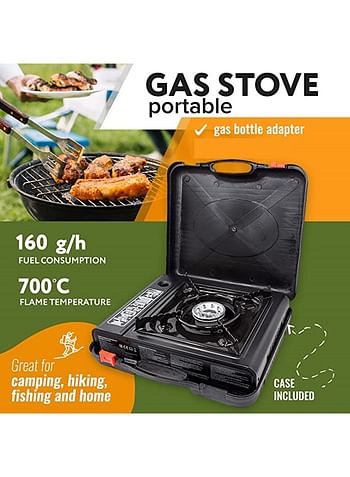 Jiham Portable Gas Stove Single Burner With Carrying Case Stainless Steel Body Electronic Ignition for Outdoor Camping - Black