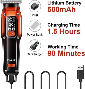 KEMEI Black Hair Clippers for Men, Cordless Clippers for Hair Cutting, Professional Barber Clippers, USB Rechargeable Wireless Haircut Clippers km-658