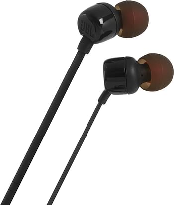 JBL Tune 110 Wired In-Ear Headphones, Deep and Powerful Pure Bass Sound, 1-Button Remote/Mic, Tangle-Free Flat Cable, Ultra Comfortable Fit JBLT110BLK - Black