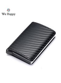 We Happy RFID Protection Leather Cover Ultra-Thin Aluminum Case Premium Credit Card Holder | Automatic Card Pop UP Wallet-CARBON BLACK