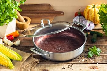 Edenberg 28CM SHALLOW POT WITH LID WINE HONEY COMB COATING - NON-STCK SCRATCH FREE Three layers, STAINLESS STEEL+ALUMINIUM+STAINLESS STEEL