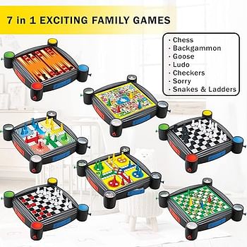 UKR 7 in 1 Family Board Game Set Board Chess Backgammon Ludo Snakes Ladders Compact Travel Set