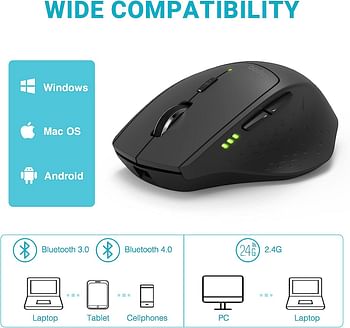 RAPOO MT550 Bluetooth Mouse, Multi-Devic Wireless Mice with 4 Adjustable DPI, Symmetrical Ergonomic Design, 12 Month Battery Life, for Laptop MacBook Apple, Black