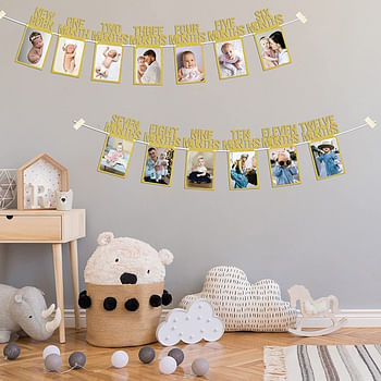 New Born to Twelve Months Birthday Photo Frame Banner for Parties | Memorable Gift Idea Amazing Photoshoot Decoration - Yellow