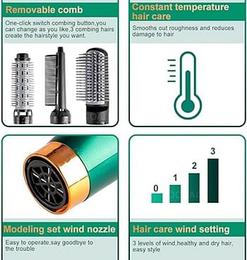 مجفف شعر كهربائي، مشط، فرشاة دوارة بالهواء الساخن، 3 في 1، مجفف شعر، فرشاة منفاخ شعر، مكواة تجعيد تلقائية (أخضر)