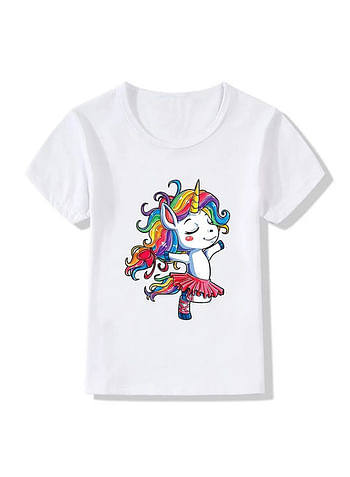 We Happy Unicorn Costume Theme T shirt for Kids Girls Rainbows Pattern Printed Party Wear Summer Top (Design-1-Dancing Horse-4 Years)