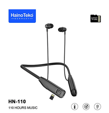 Haino Teko Germany HN110 Bluetooth Neck Band Earphone 110 Hours Music With High Bass Sound Quality Super Clear Mic and Support TF Card, Black