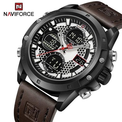 NaviForce NF9225 Men s Fashion Double Display Multifunction Luminous Leather Strap Watch chocolate Black