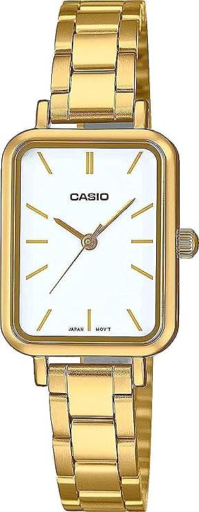 Casio LTP-V009G-7E Women's Rectangular Petite Gold Tone Stainless Steel White Dial Dress Watch, gold, Quartz Movement / Gold