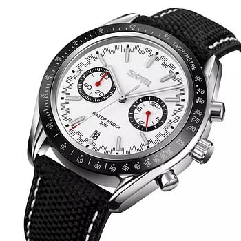 SKMEI 9292 Business Chronograph Date Function Leather Strap Quartz Wristwatch For Men - White/Black