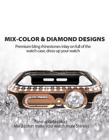 Caviar Compatible For Watch Series 7 6 5 4 44mm Two Tone Color Double Row Glitter Rhinestone Bling Crystal Diamonds Anti Shock Protective Cover With HD Tempered Glass Build in Screen Black / Rose Gold