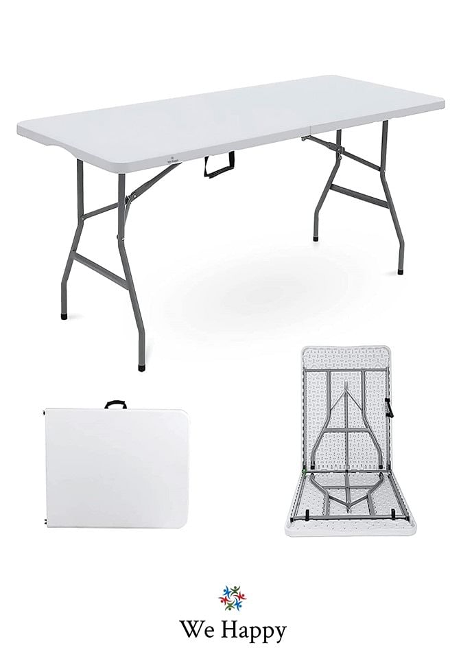 We Happy Folding Table - Foldable Heavy Duty Plastic Table for Indoor & Outdoor Parties, Picnic, Camping, Wedding BBQ Catering, Garden Dining - Fold-In-Half Portable Utility Table - White – 122 CM