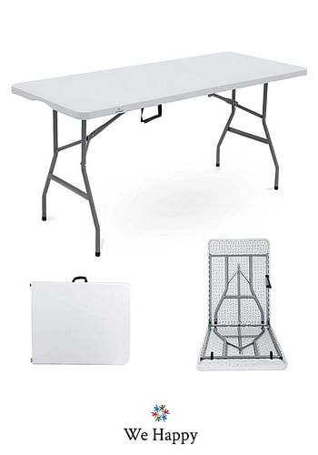 We Happy Folding Table - Foldable Heavy Duty Plastic Table for Indoor & Outdoor Parties, Picnic, Camping, Wedding BBQ Catering, Garden Dining - Fold-In-Half Portable Utility Table - White – 122 CM