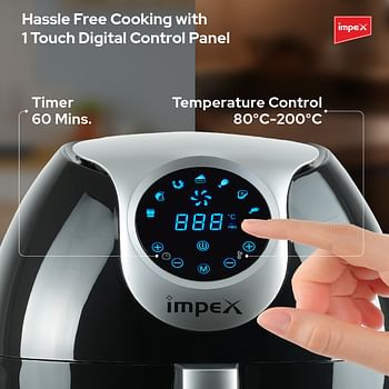 Impex Digital Air Fryer For Home, 10 Litre,1800W Oil-free Cooking, Digital Display with Touch Screen, Adjustable Timer And Temperature, Auto Cut Off, Fry, Grill, Roast, Steam and Bake - Black