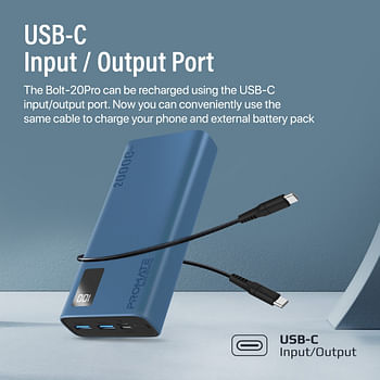 Promate Power Bank, Universal 20000mAh Ultra-Slim Portable Charger with 10W USB-C Input/Output Port, Dual USB Ports, LED Screen and Over-Heating Protection for iPhone 14, Galaxy S22, iPad Air, Bolt-20Pro.BLUE