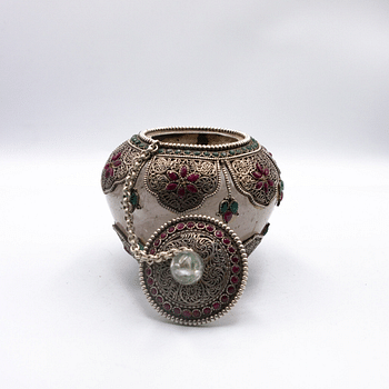 Antique Ornate Jewel-Encrusted Decorator Container Crystal Filgree Bowl with Lid Home Decoration Silver Plated Inlay with Crystal quartz, Emeralds and Rubies Gemstones Handcrafted in Nepal - Small piece