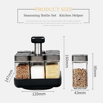 9 Jar Rotating Spice Rack Organizer Kitchen Jars For Spices Rotating Glass Cruet Seasoning Jar Set BBQ Pepper Salt Shakers Paprika Bottle Kitchen Storage