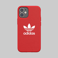 جراب قماش صغير من Adidas ORIGINALS Apple iPhone 12 - غطاء خلفي بتصميم ثلاثي الفصوص ، حماية من الخدش والسقوط مع ممتص الصدمات TPU ، متوافق مع الشحن اللاسلكي - القرمزي