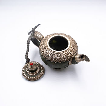 Masterpiece Silver Jade Stone Ancient Tea Pot Kettle Handmade in Nepal