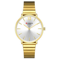 Curren 9040 Original Brand Stainless Steel Band Wrist Watch For Women / Gold And White Dial