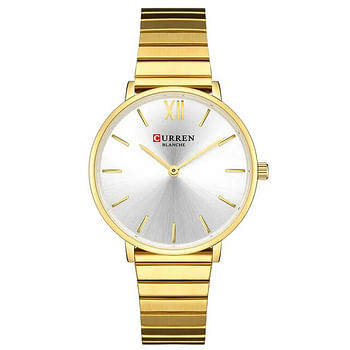 Curren 9040 Original Brand Stainless Steel Band Wrist Watch For Women / Gold And White Dial