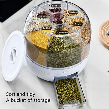 Genius 13.2lb Cereal Rice and Grain Storage Container, 360°Rotating Dry Food Round Dispenser, 6 Compartment Kitchen Organizer with Lid Moisture Resistant for All Beans, Barley, Millet