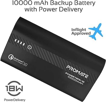 Promate 10000mAh USB-C Power Bank, Compact Palm Size 18W USB Type-C Input /Output Power Delivery External Battery Charger with QC 3.0 Port for iPhone XS /XS Max, Samsung S9/S9+, PowerTank-10 Black