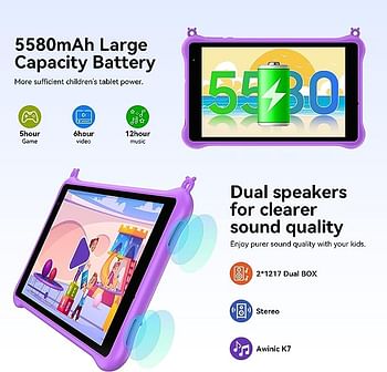 Blackview Tab5 Kids Tablet 8 inch, Android 12 Tablet for Kids, 3GB+ 64GB, 5580mAh, HD+ IPS Screen Kids Tablets with Parental Control Mode, Bluetooth, Google Play, WIFI, Kid-Proof Case - Violet