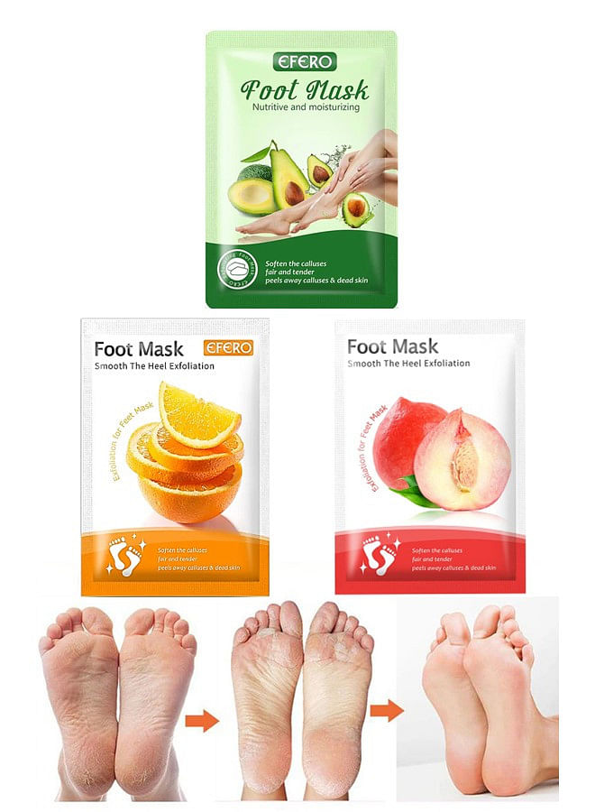 3 Pieces Foot Peeling and Exfoliating Mask, Dead Skin Removing Sock - Avocado, Orange, Peach