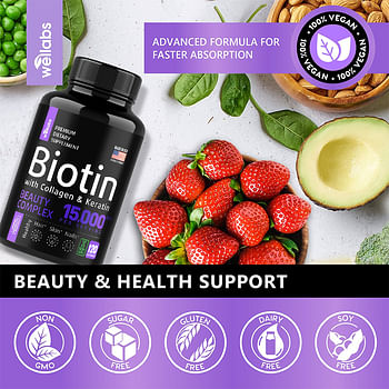 Biotin with Collagen & Keratin Supplement - Vitamins To Support Hair Growth, Skin and Nails | Anti-Aging Formula, Strong Nails, Shiny Hair, Glowing Smooth Skin - 60 Capsules