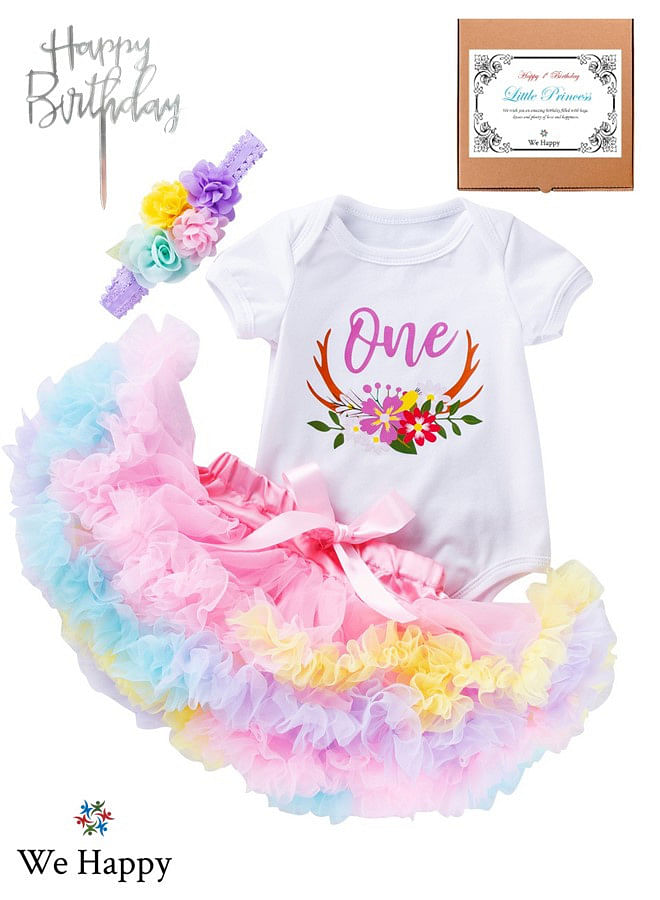 We Happy 4 Pieces 1st Birthday Baby Girl Costume Set, Newborn Princess ONE Printed Dress for Theme Party Photoshoot, Unicorn Bodysuit with Tutu Skirt, Cake Topper and Floral Headband - Multicolor, 1 Year